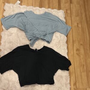 Set of T-Shirt Tie-Back Crop Tops - Light Blue and Black